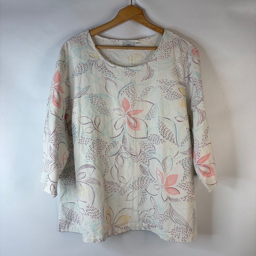 Hot Cotton Tunic Top Women 2X Ivory Floral Linen Cotton 3/4 Sleeve Coastal
